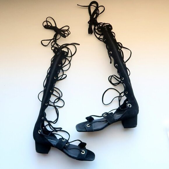 Jeffrey Campbell Bryndis Black Suede Leather Block Heel Lace-up Gladiator Sandal - Picture 4 of 13